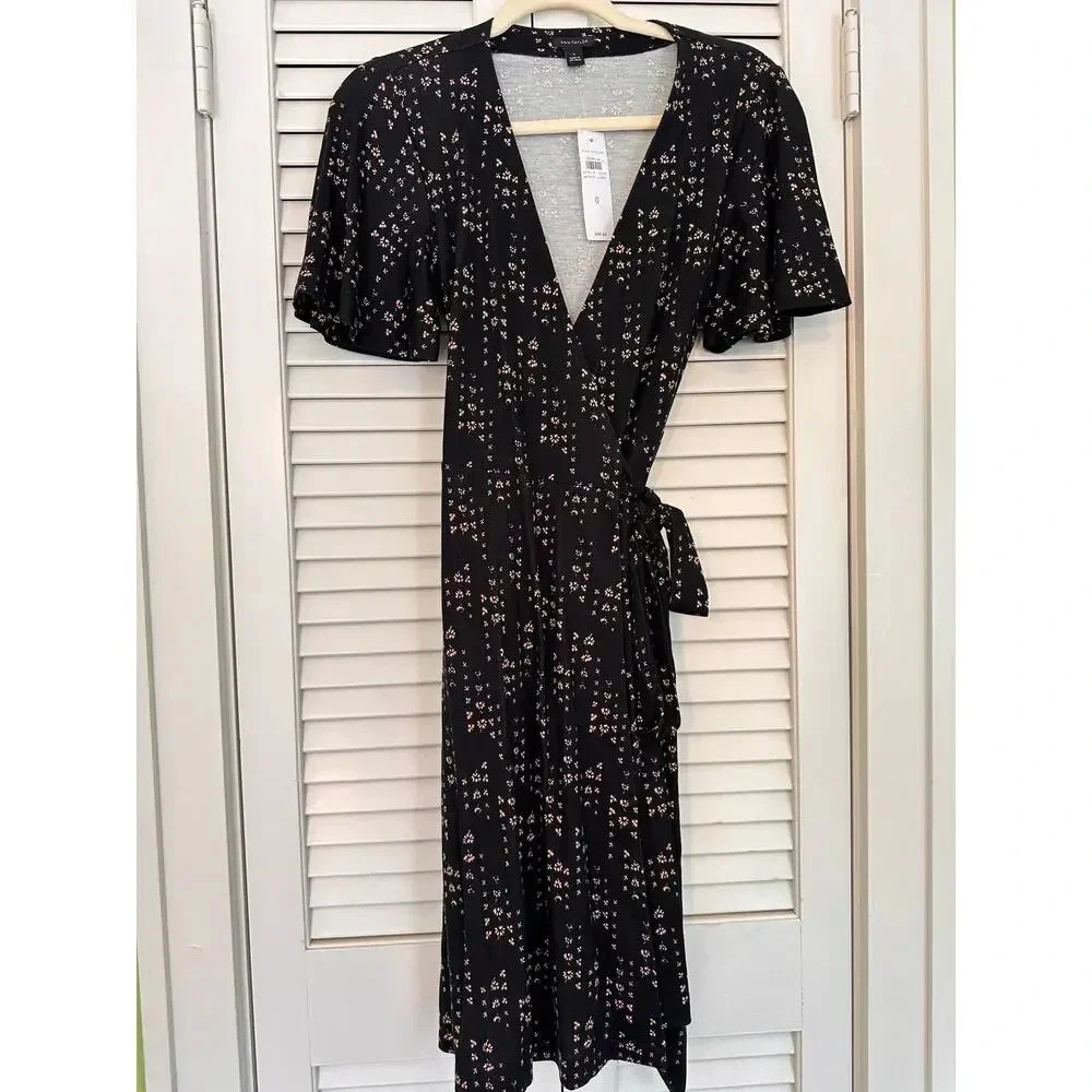 Ann Taylor Women's Floral Print Wrap Dress - Black, Size 0